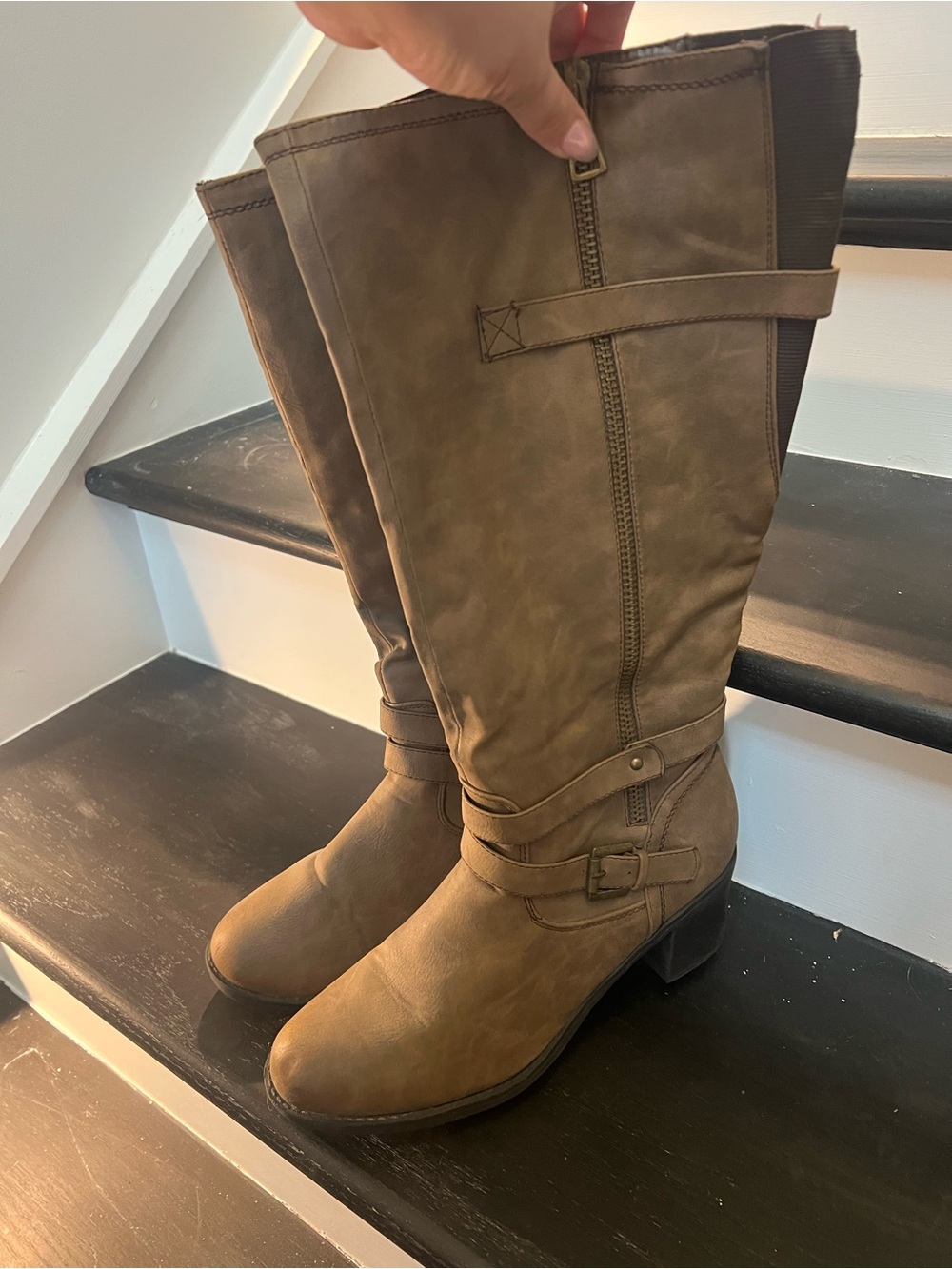 Cato wide calf tall Buckle Strap Riding Boots - Taupe Brown
